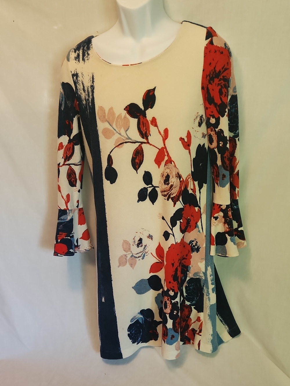 Maeve Cream Long-Sleeve Floral Swing Dress with Red and Navy Accents